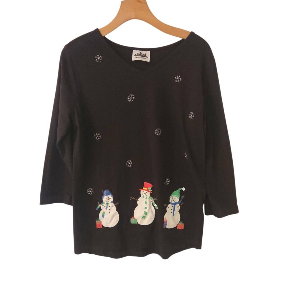 Metropolitan Happy Snow‎ Family T-Shirt 3/4 Sleeve Snowman Christmas Medium